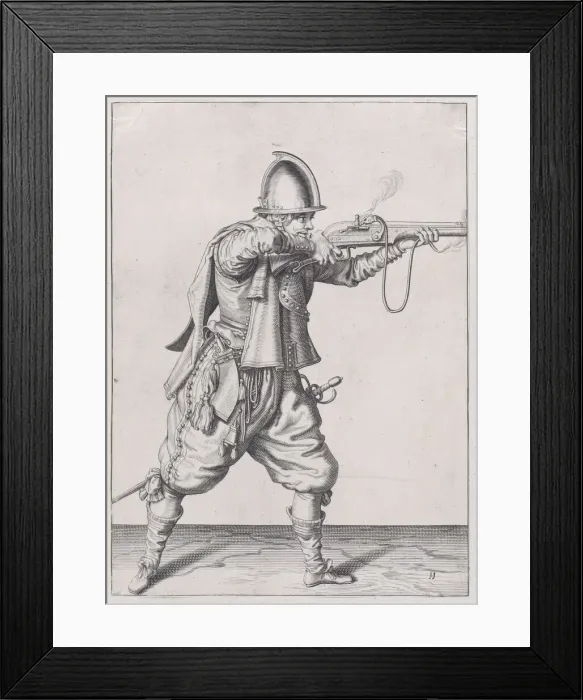 Framed Print : A soldier taking aim, from the Marksmen series, plate 11, in Waffenhandlung von... published 1608. Creator: Robert Willemsz de Baudous Framed Print : A soldier taking aim, from the Marksmen series, plate 11, in Waffenhandlung von... published 1608. Creator: Robert Willemsz de Baudous