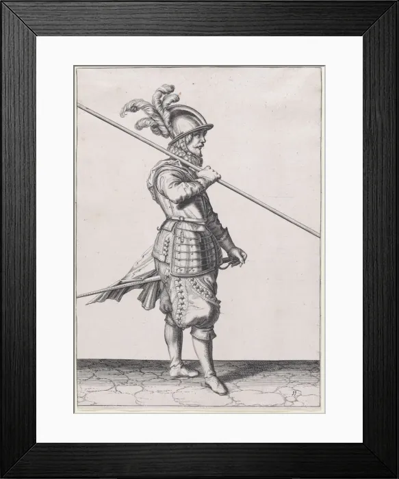 Framed Print : A soldier carrying his pike at the slope, from the Lansquenets series, plate 11... published 1608. Creator: Robert Willemsz de Baudous Framed Print : A soldier carrying his pike at the slope, from the Lansquenets series, plate 11... published 1608. Creator: Robert Willemsz de Baudous