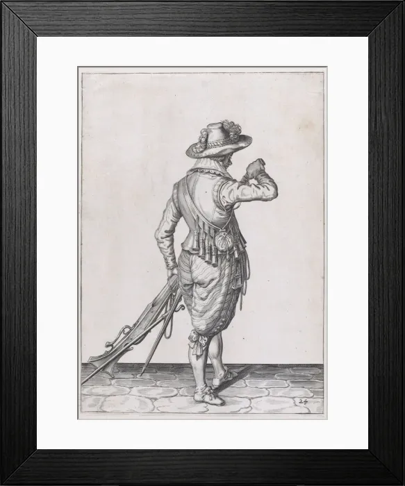 Framed Print : A soldier charging his musket, from the Musketeers series, plate 24, in Waffenha... published 1608. Creator: Robert Willemsz de Baudous Framed Print : A soldier charging his musket, from the Musketeers series, plate 24, in Waffenha... published 1608. Creator: Robert Willemsz de Baudous