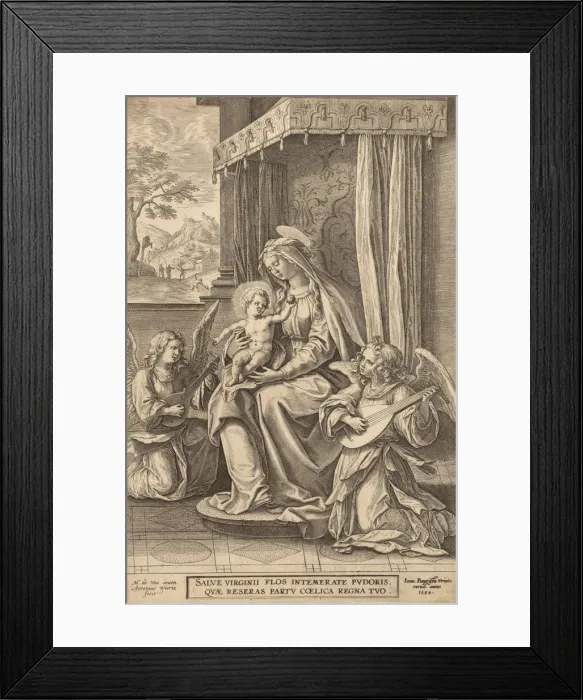 Framed Print : Virgin and Child Enthroned with Two Musical Angels. n. d Creator: Jan Wierix Framed Print : Virgin and Child Enthroned with Two Musical Angels. n. d Creator: Jan Wierix