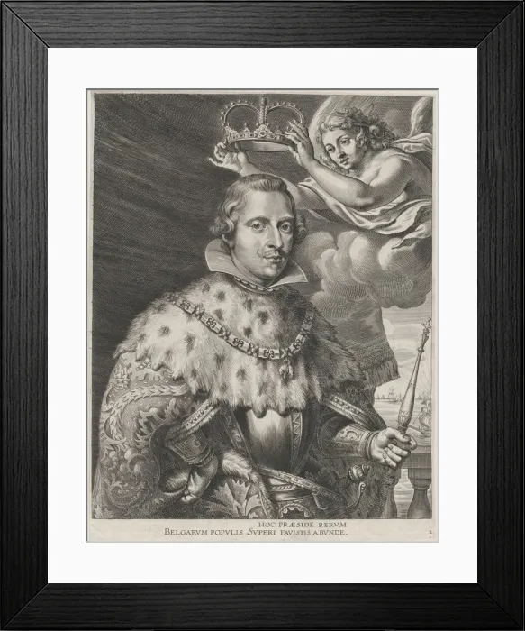 Framed Print : Plate 2: Portrait of Philip IV, King of Spain, being crowned; from Guillielmus Becanus s... 1636. Creators: Johannes Meursius, Willem van der Beke Framed Print : Plate 2: Portrait of Philip IV, King of Spain, being crowned; from Guillielmus Becanus s... 1636. Creators: Johannes Meursius, Willem van der Beke