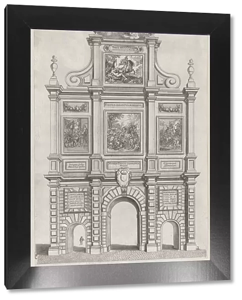 Plate 27: Triumphal arch, elevation of the back, surmounted by allegorical figures and dec... 1636. Creators: Johannes Meursius, Willem van der Beke