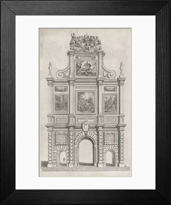 Framed Print : Plate 27: Triumphal arch, elevation of the back, surmounted by allegorical figures and dec... 1636. Creators: Johannes Meursius, Willem van der Beke Framed Print : Plate 27: Triumphal arch, elevation of the back, surmounted by allegorical figures and dec... 1636. Creators: Johannes Meursius, Willem van der Beke