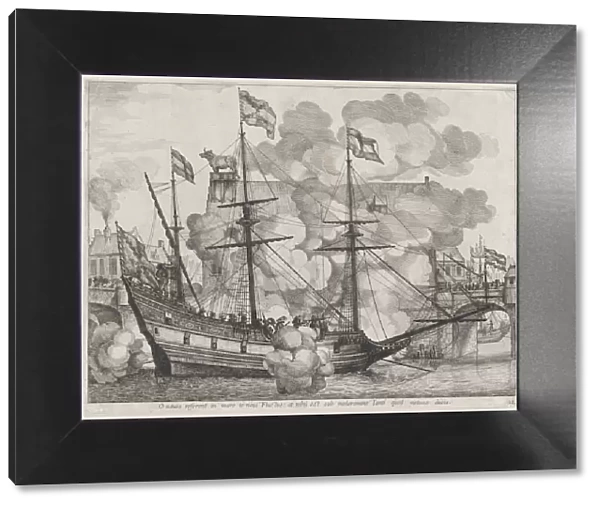 Plate 38: Triumphal ship with the city of Ghent in the background; from Guillielmus Becanu... 1636. Creators: Johannes Meursius, Willem van der Beke
