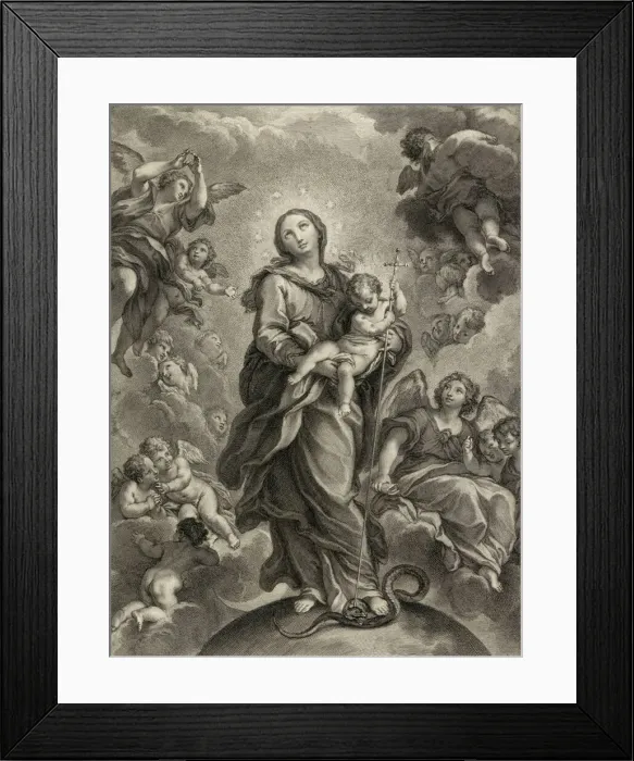 Framed Print : Destroy the dragon without sword; (Dan. 14. 25); Virgin and Child on hemisphere. Creator: Johann Jakob Frey the Elder Framed Print : Destroy the dragon without sword; (Dan. 14. 25); Virgin and Child on hemisphere. Creator: Johann Jakob Frey the Elder