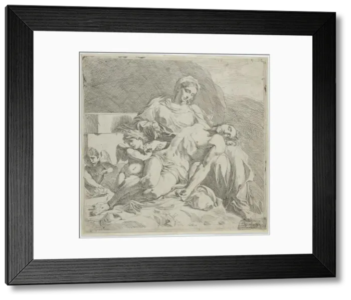 Framed Print : Pieta, the dead Christ supported by the Virgin, putti at the left, ca. 1633-46. Creator: Joost de Pape Framed Print : Pieta, the dead Christ supported by the Virgin, putti at the left, ca. 1633-46. Creator: Joost de Pape