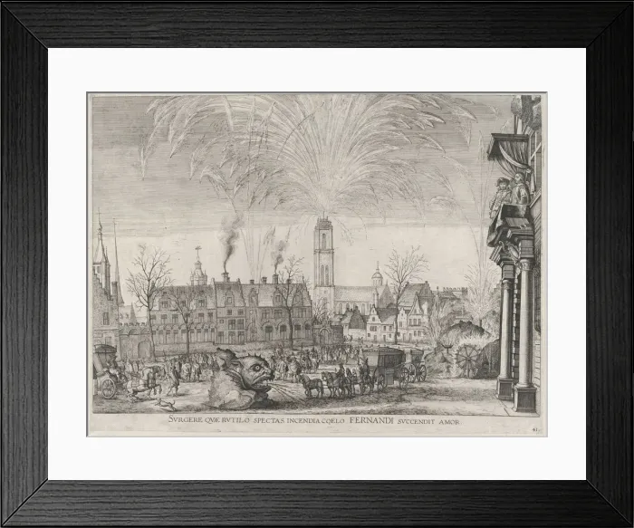 Framed Print : Plate 41: Fireworks display in city square with Ferdinand watching from a balcony at right... 1636. Creators: Johannes Meursius, Willem van der Beke Framed Print : Plate 41: Fireworks display in city square with Ferdinand watching from a balcony at right... 1636. Creators: Johannes Meursius, Willem van der Beke
