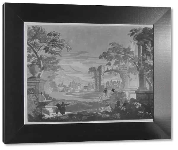 Heroic Landscape with Watering Place, Riders, and Obelisk, 1744. Creator: John Baptist Jackson
