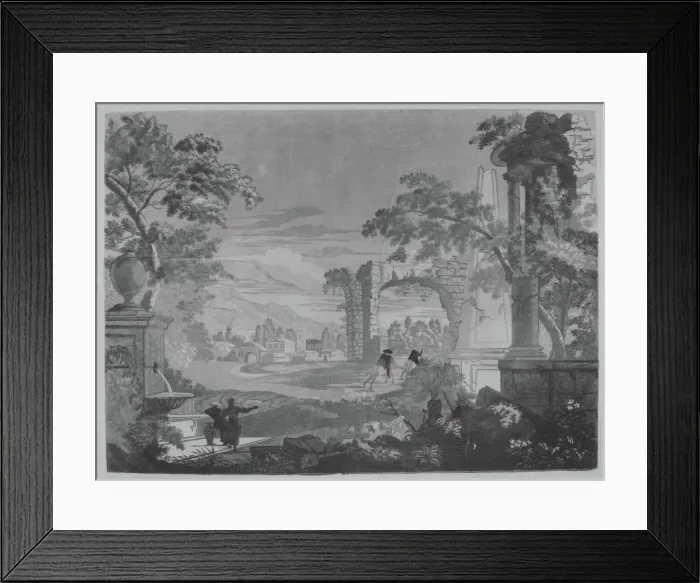 Framed Print : Heroic Landscape with Watering Place, Riders, and Obelisk, 1744. Creator: John Baptist Jackson Framed Print : Heroic Landscape with Watering Place, Riders, and Obelisk, 1744. Creator: John Baptist Jackson