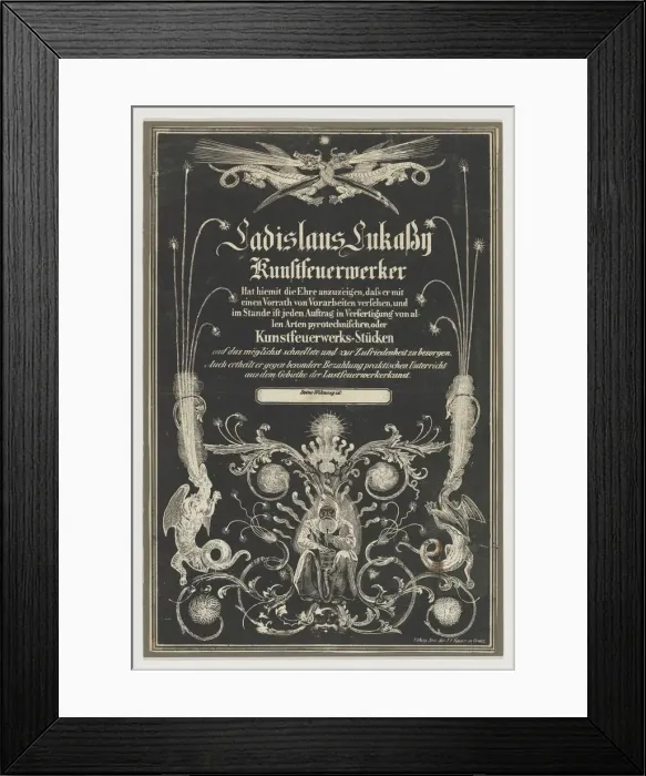 Framed Print : Trade card for Ladislas Lukassy Kunstfeuerwerker, 19th century. Creator: Joseph Franz Kaiser Framed Print : Trade card for Ladislas Lukassy Kunstfeuerwerker, 19th century. Creator: Joseph Franz Kaiser
