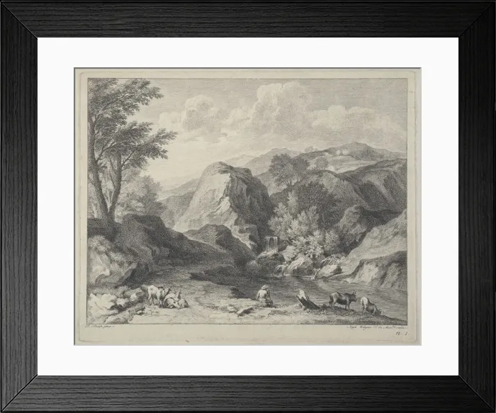 Framed Print : Mountainous landscape with herdsmen and cows, ca. 1725-80. Creator: Joseph Wagner Framed Print : Mountainous landscape with herdsmen and cows, ca. 1725-80. Creator: Joseph Wagner