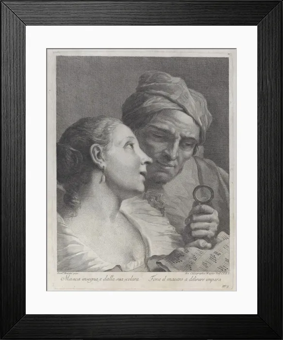 Framed Print : A schoolgirl and her music teacher looking at a sheet of music, 1725-80. Creator: Joseph Wagner Framed Print : A schoolgirl and her music teacher looking at a sheet of music, 1725-80. Creator: Joseph Wagner