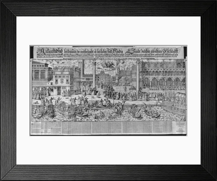 Framed Print : Procession of the Doge to the Bucintoro on Ascension Day, with a View of Venice, ca. 1565... 1697. Creator: Jost Ammon Framed Print : Procession of the Doge to the Bucintoro on Ascension Day, with a View of Venice, ca. 1565... 1697. Creator: Jost Ammon