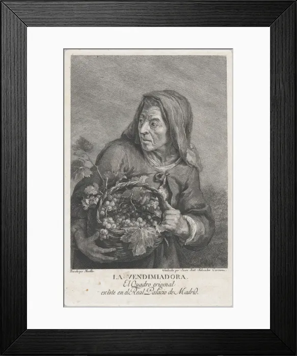 Framed Print : The grape-picker, and elderly woman holding a basket of grapes, after Murillo, ca. 1780-1805. Creator: Juan Antonio Salvador Carmona Framed Print : The grape-picker, and elderly woman holding a basket of grapes, after Murillo, ca. 1780-1805. Creator: Juan Antonio Salvador Carmona