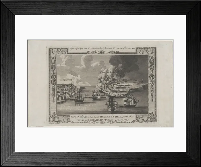 Framed Print : View of the Attack on Bunkers Hill, with the Burning of Charles Town, June 17, 1775, 1781-1783. Creator: John Lodge Framed Print : View of the Attack on Bunkers Hill, with the Burning of Charles Town, June 17, 1775, 1781-1783. Creator: John Lodge