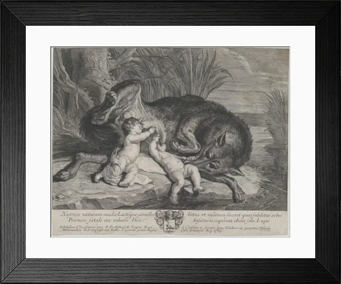 Framed Print : Romulus and Remus suckling the she-wolf on a riverbank, ca. 1650-75. Creator: Anon Framed Print : Romulus and Remus suckling the she-wolf on a riverbank, ca. 1650-75. Creator: Anon