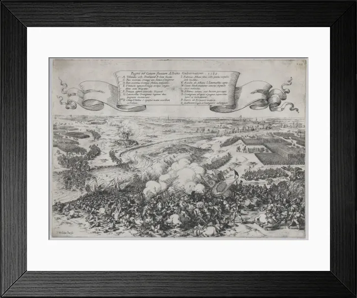 Framed Print : Battle scene: forces led by William of Orange crossing the Gete River to attack the Duke o... 1632. Creator: Johann Wilhelm Baur Framed Print : Battle scene: forces led by William of Orange crossing the Gete River to attack the Duke o... 1632. Creator: Johann Wilhelm Baur