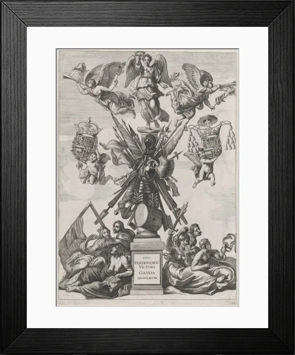 Framed Print : Plate 33: Armorial trophy on a Tuscan column, surrounded by allegorical figures and cherub... 1636. Creators: Johannes Meursius, Willem van der Beke Framed Print : Plate 33: Armorial trophy on a Tuscan column, surrounded by allegorical figures and cherub... 1636. Creators: Johannes Meursius, Willem van der Beke