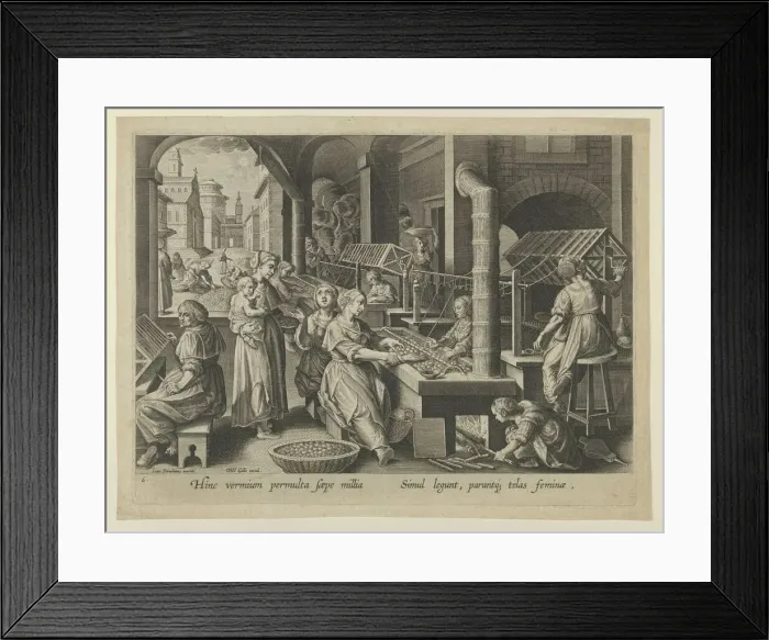 Framed Print : The Reeling of Silk, Plate 6 from The Introduction of the Silkworm'[Vermis Sericus]... ca. 1595. Creator: Karel van Mallery