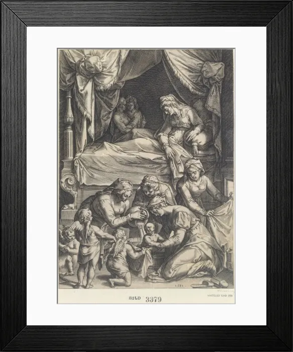 Framed Print : Birth of the Virgin (copy), 1581. Creator: Julius Goltzius Framed Print : Birth of the Virgin (copy), 1581. Creator: Julius Goltzius