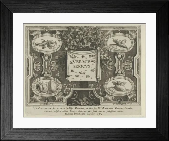 Framed Print : Title Plate from The Introduction of the Silkworm'[Vermis Sericus], ca. 1595 Creator: Karel van Mallery