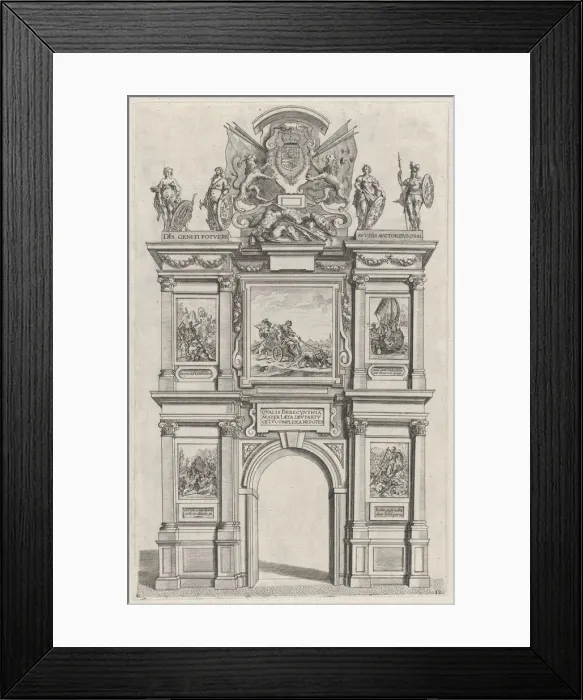 Framed Print : Plate 12: Triumphal arch, elevation of the back facade, surmounted with the arms of Ferdin... 1636. Creators: Johannes Meursius, Willem van der Beke Framed Print : Plate 12: Triumphal arch, elevation of the back facade, surmounted with the arms of Ferdin... 1636. Creators: Johannes Meursius, Willem van der Beke