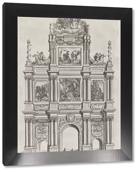 Plate 19: Triumphal arch, elevation of the front, surmounted by a cloud bearing Ferdinand... 1636. Creators: Johannes Meursius, Willem van der Beke