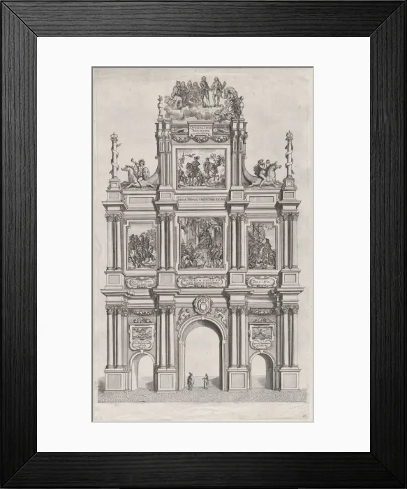 Framed Print : Plate 19: Triumphal arch, elevation of the front, surmounted by a cloud bearing Ferdinand... 1636. Creators: Johannes Meursius, Willem van der Beke Framed Print : Plate 19: Triumphal arch, elevation of the front, surmounted by a cloud bearing Ferdinand... 1636. Creators: Johannes Meursius, Willem van der Beke