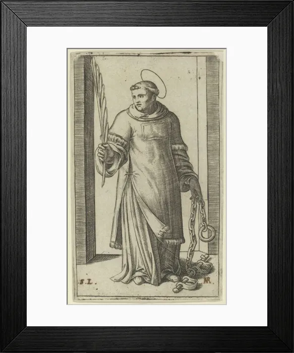 Framed Print : St Leonard standing holding a palm in his right hand and chains in his left, from... ca. 1500-1527. Creator: Marcantonio Raimondi Framed Print : St Leonard standing holding a palm in his right hand and chains in his left, from... ca. 1500-1527. Creator: Marcantonio Raimondi