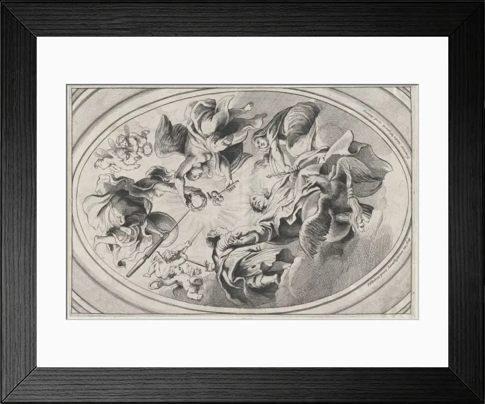 Framed Print : Apotheosis of James I, with the king seated at the bottom, an eagle below him, two... ca. 1639-66. Creator: Lucas Vorsterman II Framed Print : Apotheosis of James I, with the king seated at the bottom, an eagle below him, two... ca. 1639-66. Creator: Lucas Vorsterman II