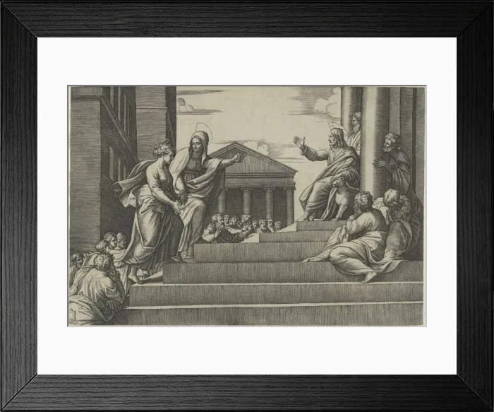 Framed Print : Martha leading Mary Magdalene up a flight of stairs to Christ who is seated at righ... ca. 1530-60. Creator: Marcantonio Raimondi Framed Print : Martha leading Mary Magdalene up a flight of stairs to Christ who is seated at righ... ca. 1530-60. Creator: Marcantonio Raimondi