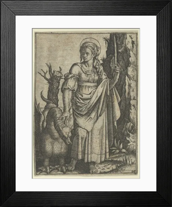 Framed Print : St Margaret holding a palm in her raised left hand, a dragon at her right, ca. 15... Creator: Marcantonio Raimondi Framed Print : St Margaret holding a palm in her raised left hand, a dragon at her right, ca. 15... Creator: Marcantonio Raimondi