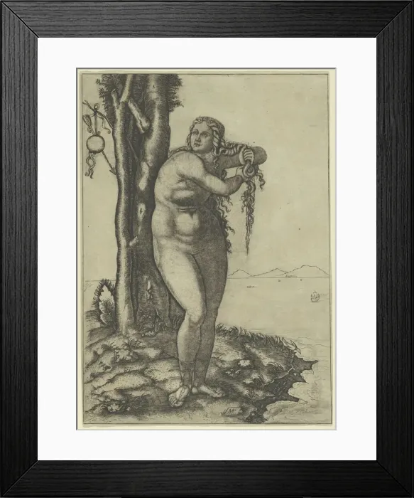 Framed Print : Venus wringing the water from her hair, standing at the waters edge, 1506. Creator: Marcantonio Raimondi Framed Print : Venus wringing the water from her hair, standing at the waters edge, 1506. Creator: Marcantonio Raimondi