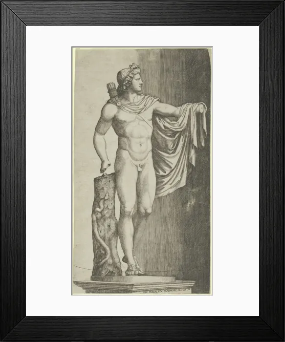 Framed Print : The Apollo Belvedere from the Vatican his left hand resting on the tree trunk aroun... ca. 1510-27. Creator: Marcantonio Raimondi Framed Print : The Apollo Belvedere from the Vatican his left hand resting on the tree trunk aroun... ca. 1510-27. Creator: Marcantonio Raimondi