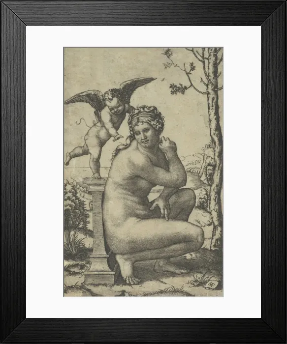 Framed Print : Venus crouching by a plinth on top of which stands Cupid, ca. 1510-27. Creator: Marcantonio Raimondi Framed Print : Venus crouching by a plinth on top of which stands Cupid, ca. 1510-27. Creator: Marcantonio Raimondi