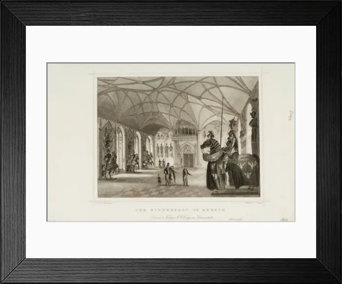 Framed Print : Print of Der Rittersaal zu Erbach (Interior of Gothic Revival armory of Erbach Castle)... ca. 1850. Creator: Ludwig Rohbock Framed Print : Print of Der Rittersaal zu Erbach (Interior of Gothic Revival armory of Erbach Castle)... ca. 1850. Creator: Ludwig Rohbock