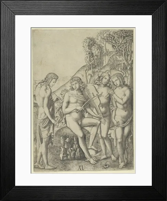 Framed Print : A young man, seated and playing the violin at centre, flanked by two woman holding... ca. 1510-27. Creator: Marcantonio Raimondi Framed Print : A young man, seated and playing the violin at centre, flanked by two woman holding... ca. 1510-27. Creator: Marcantonio Raimondi