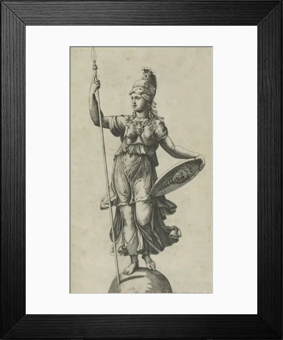 Framed Print : Pallas Athena standing on a globe, a spear in her left hand, a shield in her right... ca. 1520-27. Creator: Marcantonio Raimondi Framed Print : Pallas Athena standing on a globe, a spear in her left hand, a shield in her right... ca. 1520-27. Creator: Marcantonio Raimondi