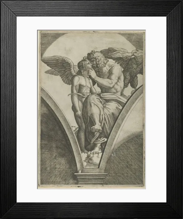 Framed Print : Jupiter embracing Cupid after Raphaels fresco in the Chigi Gallery of the Villa Fa... ca. 1517-20. Creator: Marcantonio Raimondi Framed Print : Jupiter embracing Cupid after Raphaels fresco in the Chigi Gallery of the Villa Fa... ca. 1517-20. Creator: Marcantonio Raimondi