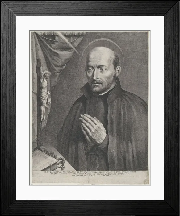 Framed Print : Saint Ignatius of Loyola, praying towards the left with a crucifix, a rosary, a book, and... 1621. Creator: Lucas Vorsterman Framed Print : Saint Ignatius of Loyola, praying towards the left with a crucifix, a rosary, a book, and... 1621. Creator: Lucas Vorsterman