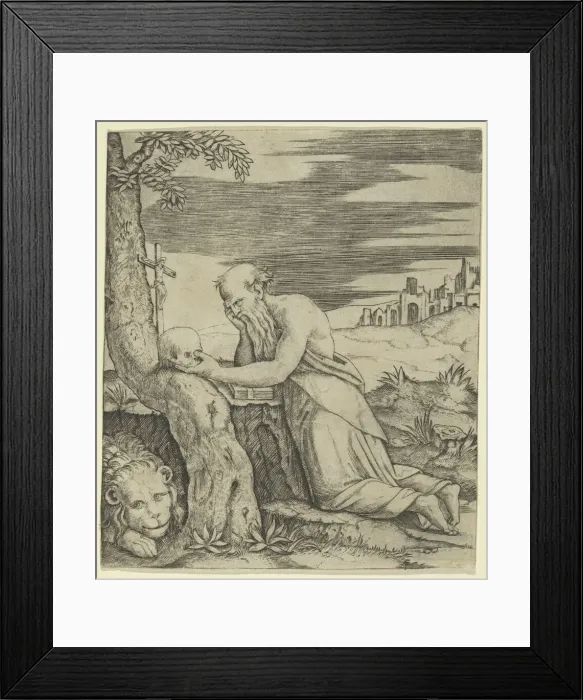 Framed Print : St Jerome kneeling before a crucifix, a skull in his left hand, a lion laying at... ca. 1500-1527. Creator: Marcantonio Raimondi Framed Print : St Jerome kneeling before a crucifix, a skull in his left hand, a lion laying at... ca. 1500-1527. Creator: Marcantonio Raimondi