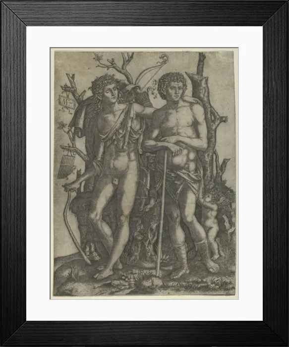 Framed Print : Apollo standing at the left, his hand resting on the shoulder of Hyacinthus, Cupid in the... 1506. Creator: Marcantonio Raimondi Framed Print : Apollo standing at the left, his hand resting on the shoulder of Hyacinthus, Cupid in the... 1506. Creator: Marcantonio Raimondi