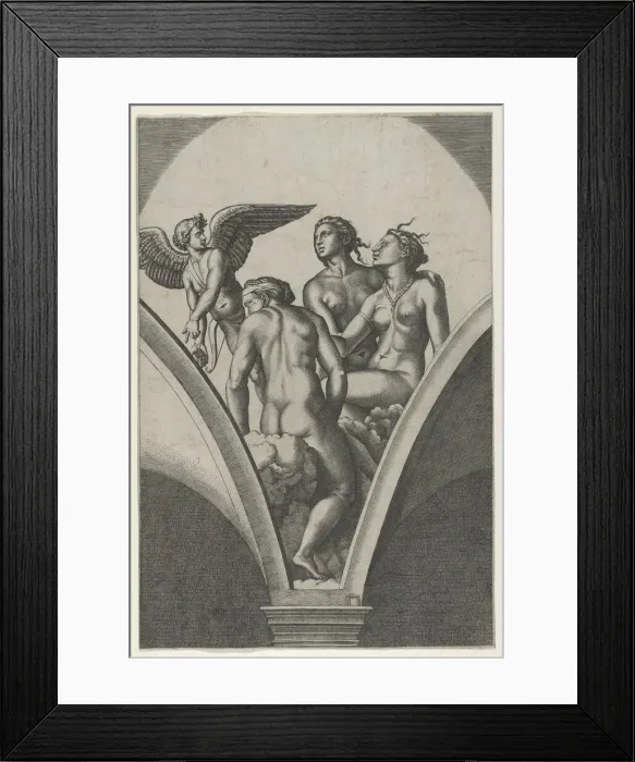 Framed Print : The Three Graces sitting on clouds, cupid at the left, after Raphaels fresco in th... ca. 1517-20. Creator: Marcantonio Raimondi Framed Print : The Three Graces sitting on clouds, cupid at the left, after Raphaels fresco in th... ca. 1517-20. Creator: Marcantonio Raimondi