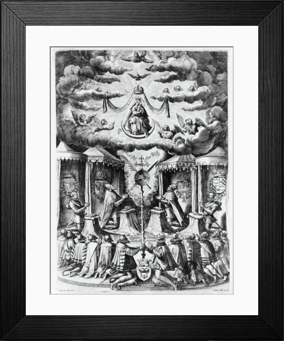 Framed Print : The Defenders of the Catholic Faith in the Netherlands adoring the Virgin, 1587. Creator: Jan Wierix Framed Print : The Defenders of the Catholic Faith in the Netherlands adoring the Virgin, 1587. Creator: Jan Wierix