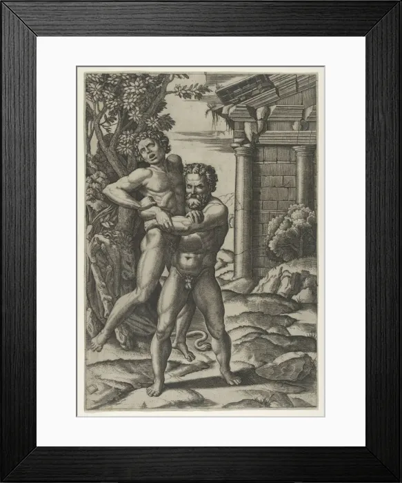 Framed Print : Hercules holding Antaeus by the waist and lifting him off his feet, ca. 1520-22 Creator: Marcantonio Raimondi Framed Print : Hercules holding Antaeus by the waist and lifting him off his feet, ca. 1520-22 Creator: Marcantonio Raimondi