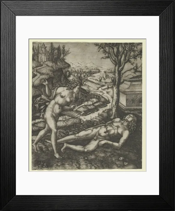 Framed Print : Thisbe finding Pyramus laying on the ground with a knife in his chest, 1505 Creator: Marcantonio Raimondi Framed Print : Thisbe finding Pyramus laying on the ground with a knife in his chest, 1505 Creator: Marcantonio Raimondi