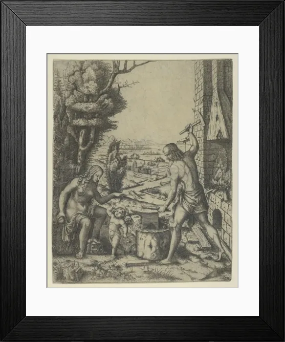 Framed Print : Venus at left holding a golden apple in her right hand and an arrow in her left, Vulca... ca. 1505. Creator: Marcantonio Raimondi Framed Print : Venus at left holding a golden apple in her right hand and an arrow in her left, Vulca... ca. 1505. Creator: Marcantonio Raimondi
