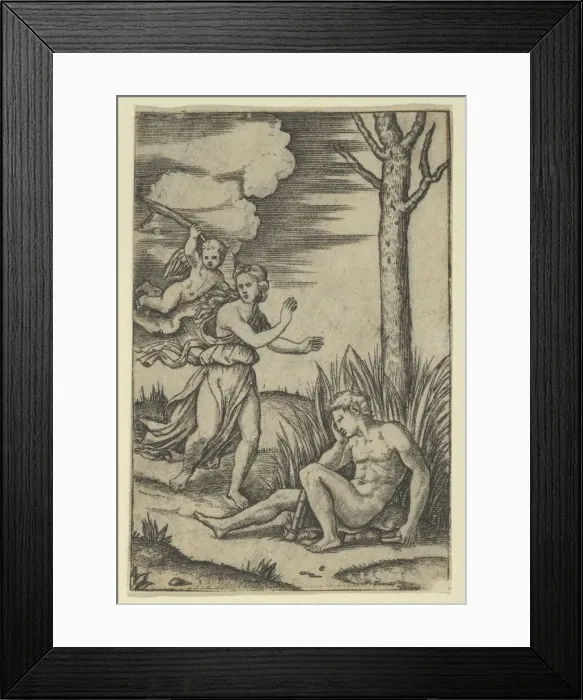 Framed Print : Diana followed by cupid at left, Endymion at right, ca. 1500-1534. Creator: Marcantonio Raimondi Framed Print : Diana followed by cupid at left, Endymion at right, ca. 1500-1534. Creator: Marcantonio Raimondi