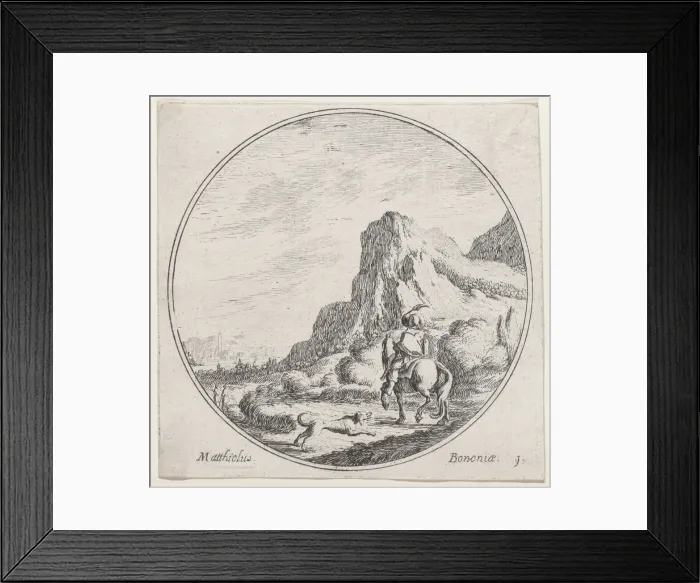 Framed Print : Plate 1: a horseman riding towards the left, followed by a dog, in a rocky landscape... 1680-1747. Creator: Lodovico Mattioli Framed Print : Plate 1: a horseman riding towards the left, followed by a dog, in a rocky landscape... 1680-1747. Creator: Lodovico Mattioli