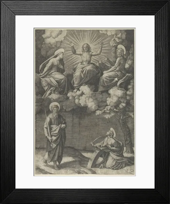 Framed Print : Christ flanked by the Virgin and St. John in the upper section, St. Paul and St. Ca... ca. 1520-25. Creator: Marcantonio Raimondi Framed Print : Christ flanked by the Virgin and St. John in the upper section, St. Paul and St. Ca... ca. 1520-25. Creator: Marcantonio Raimondi
